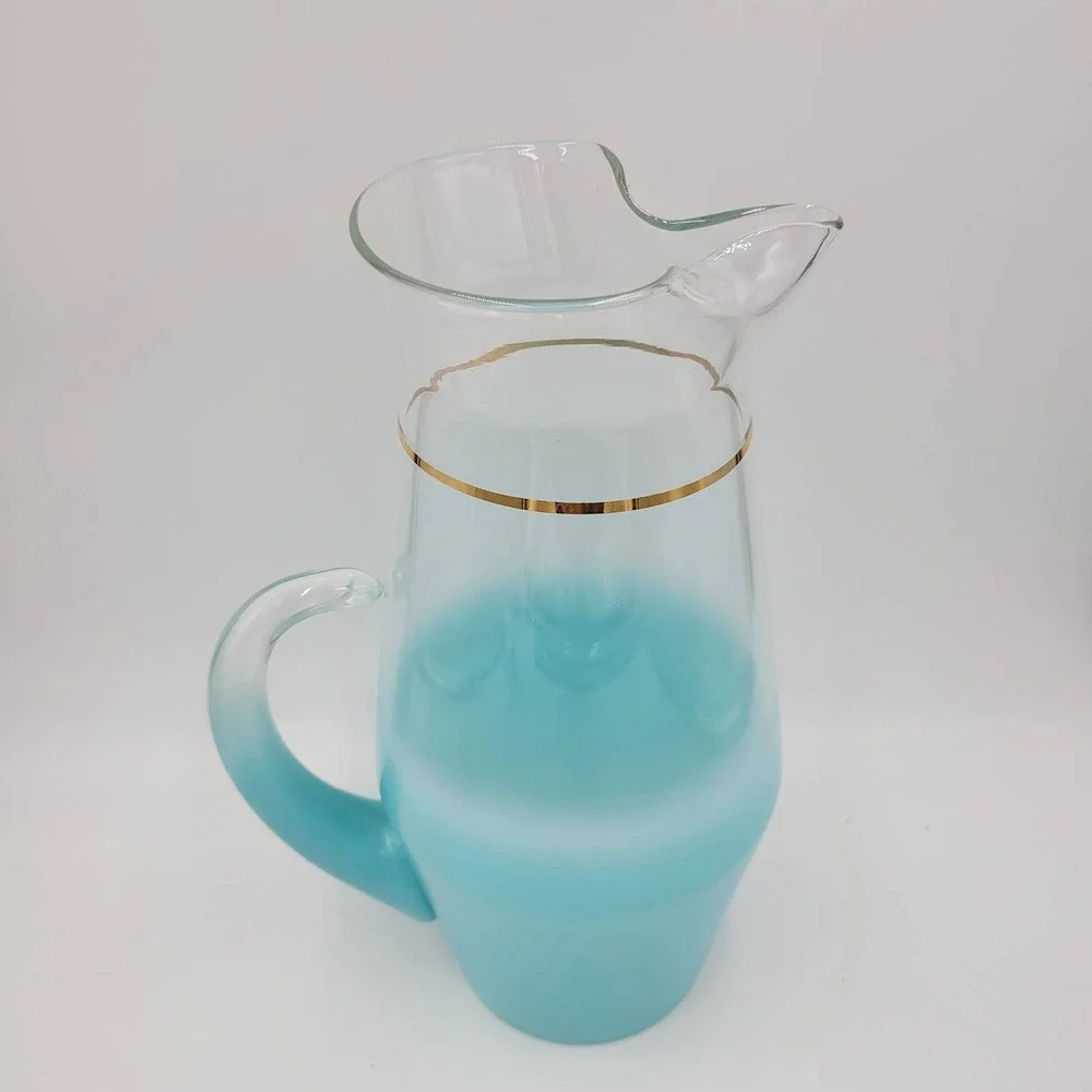 Vintage Blendo Turquoise Ombre Glass Pitcher Gold Rim Mid Century Modern Frosted